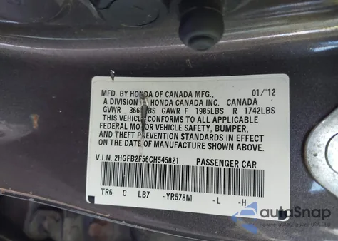 2012 Honda Civic Lx z USA, uszkodzony, nr VIN 2HGFB2F56CH545821